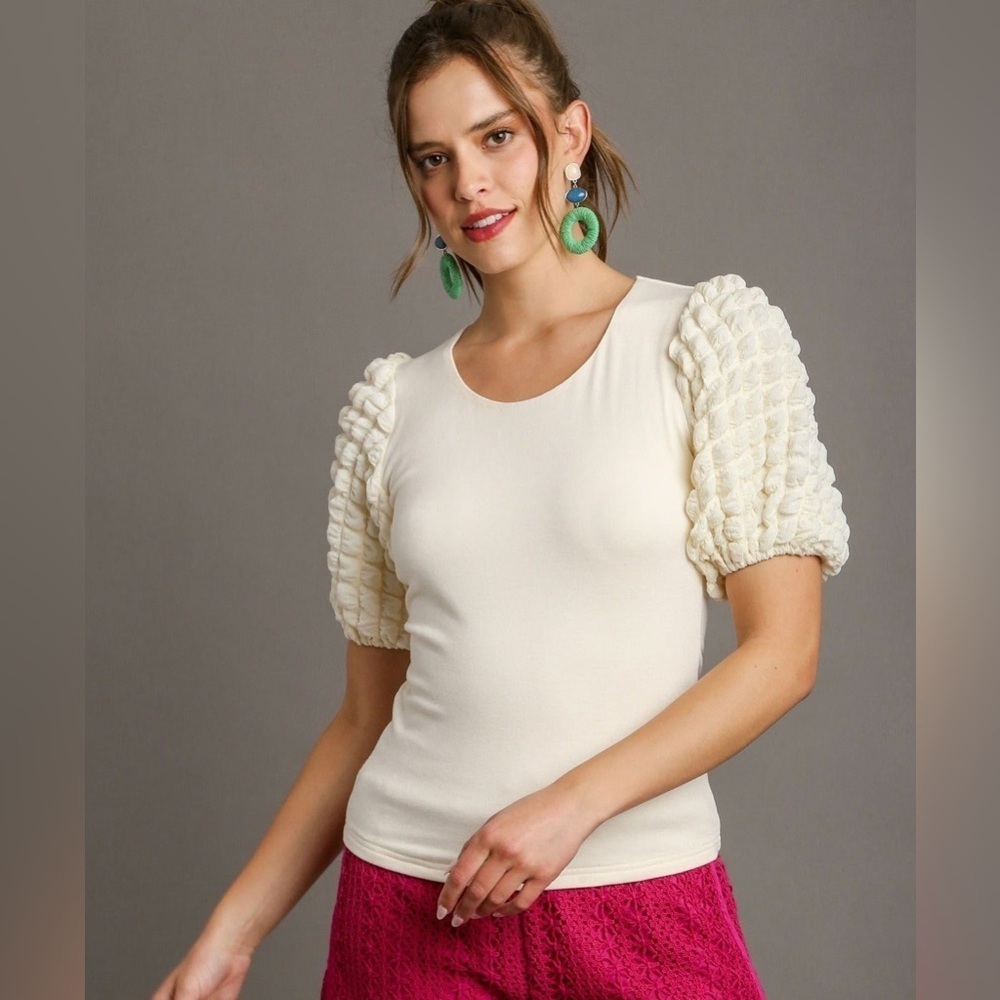 Romantic Cottagecore Cream Textured Puff Sleeve Top • Soft Girl Boho • Umgee S